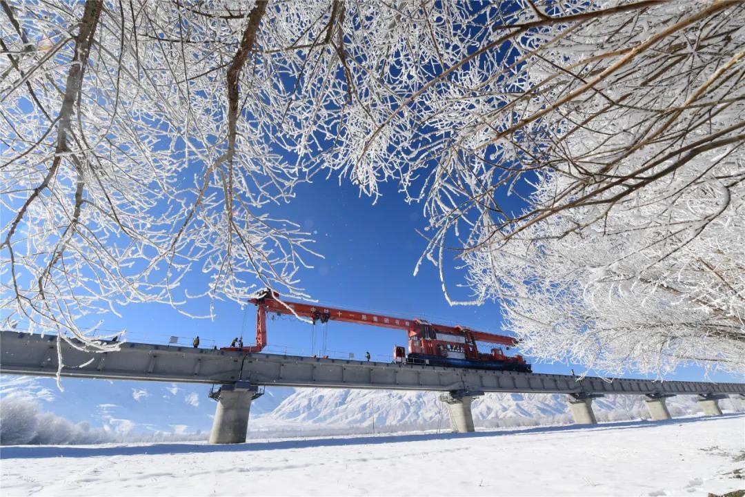 據悉，拉林鐵路自2017年10月19日開始鋪架以來，全線有1200多人參建，中鐵十一局集團創新開發的“視頻領航”、實時監控、列車報警、隧道內機車定位等功能極大的保證了運輸安全，為同類型鐵路積累了長大隧道群鋪架施工的寶貴經驗。圖為施工人員冒著風雪進行鋪架作業。