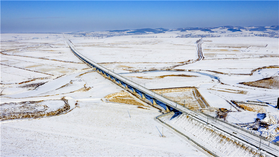 11月30日上午，在素有“中國冬奧冠軍之鄉”的黑龍江七臺河市境內，中國鐵建所屬中鐵十四局集團和對線施工的鋪軌機組順利“會師”，至此，牡佳高鐵全線鋪通，標志著我國在建最東高寒高鐵建設取得重大進展。圖為牡佳高鐵七虎力特大橋。