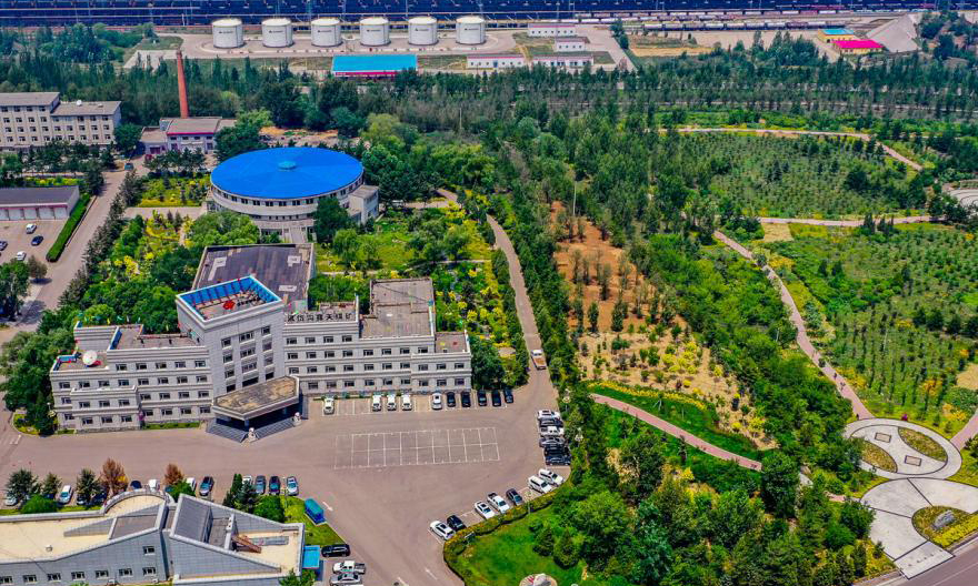 40多年來，黑岱溝露天煤礦和哈爾烏素露天煤礦植被覆蓋率由原始地表的25%提高到80%以上。圖為綠萌叢中的黑岱溝露天煤礦辦公樓。