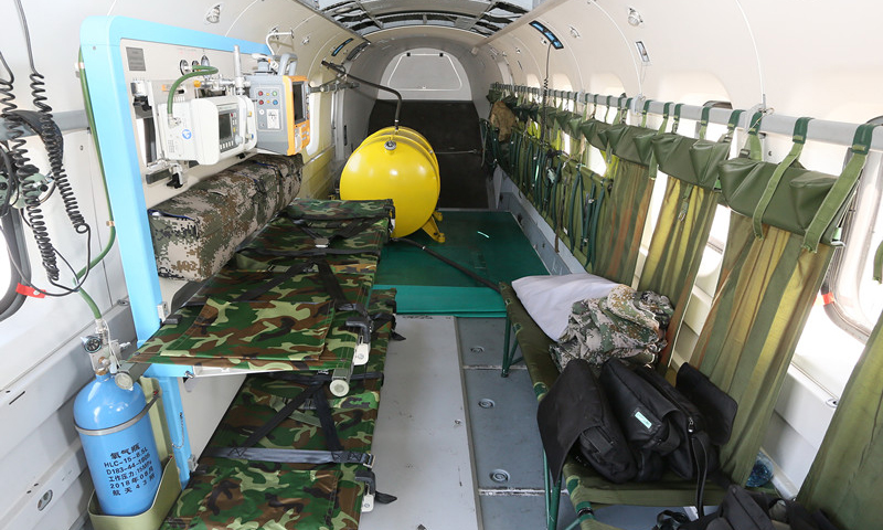 作為直升機醫療救護系統承研單位，自今年4月份接到研制任務以來，航天科技集團九院13所僅用3個多月的時間，完成了多套產品的研制、生產、試驗和交付任務。承研直升機醫療救護系統是航天科技集團在航空醫療救護領域的一次成功嘗試，填補了我軍立體救援體系空中醫療救護和后送領域相關裝備空白，推動我國航空醫療救護的發展。圖為“直-8G”新型加改裝救護直升機內景。