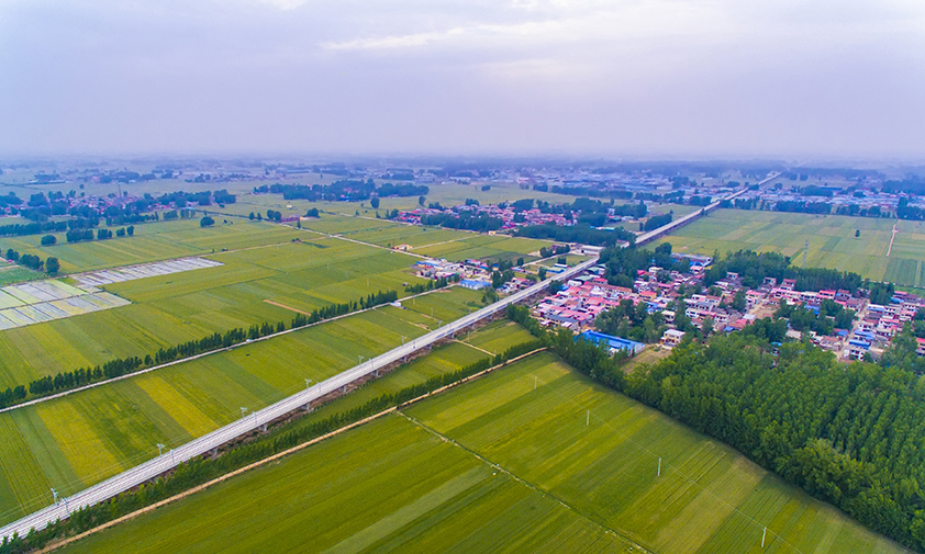 據悉，鄭阜高鐵將在今年8月進行聯調聯試，通車后，從河南鄭州到安徽阜陽將由原來的5小時30分鐘縮短至1小時。圖為鄭阜鐵路鄭許特大橋全景。（金偉 攝）