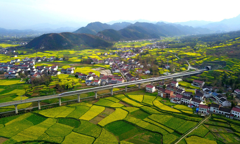 今日春分，多地油菜花競相開放，高鐵列車穿行其中，猶如一幅美麗的風景畫。圖為3月20日，動車組列車行駛在西成高鐵陜西漢中段。新華社發（唐振江 攝）