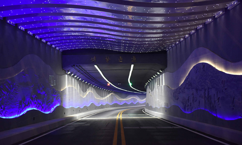 博鰲通道工程位于海南省瓊海市博鰲鎮，起點位于博鰲亞洲論壇成立會址，通道穿越萬泉河，接東嶼島論壇永久會址，穿越海南省著名的萬泉河入海口。通道工程全長1.45公里，雙向兩車道設計標準，采取一次性圍堰、明挖法施工工序。圖為中國鐵建十八局集團承建的博鰲通道夜景。（楊海剛攝） 