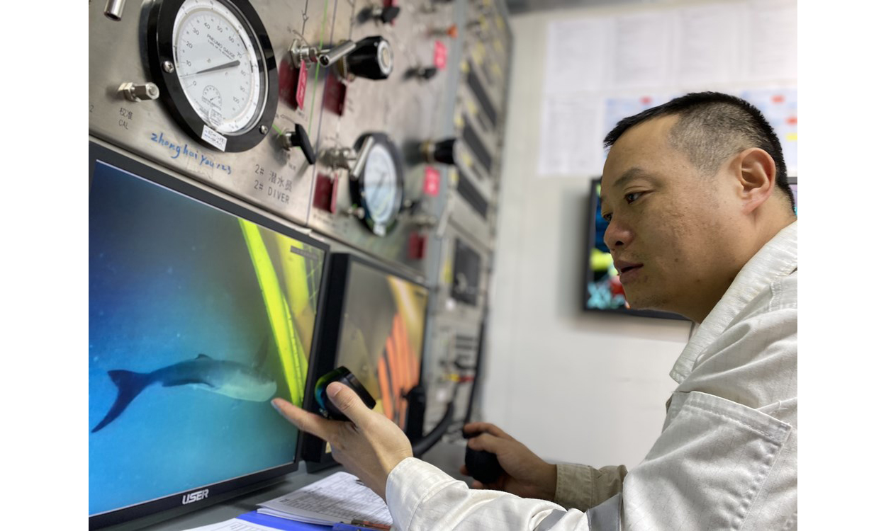 “十三五”期間，擁有最大一支“海油蛙人”團隊的海洋石油工程股份有限公司技術服務分公司通過科研攻關、升級改造設備等舉措打造綠色海洋技術服務體系，在做好海洋能源開發者的同時擔起海洋環境保護者的責任。過去5年，該公司完成5個項目的單點及導管架平臺拆除，總重量近6000噸；完成水下雜物清理約1176噸；通過引進、推廣綠色清潔無損檢測高新技術，守護藍色海洋。圖為海上液化天然氣接收站項目水下作業過程中，監控顯示一條大魚前來“圍觀”潛水員作業。