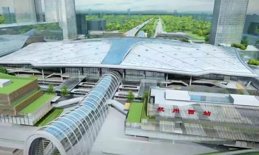 合杭高鐵湖杭段是第19屆杭州亞運會的重要配套工程，將為杭州亞運會交通服務提供強有力的運輸保障。該項目建成通車后，將進一步完善長三角城際鐵路網和浙江省1小時交通圈。圖為杭州西站鳥瞰圖。