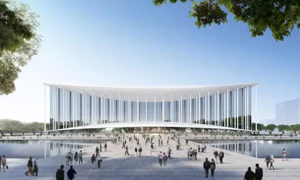 西安絲路國際會議中心位于西安浐灞生態區灞河之濱，總建筑面積20萬平方米，外輪廓呈正方形，是一座集生態化、國際化、智能化為一體的會議中心。會議中心以簡明抽象的手筆，傳承了中國古典建筑特征，創造出現代而經典，大氣而精致，莊重而優雅的標志形象。圖為西安絲路國際會議中心效果圖。（中建深圳裝飾有限公司 供圖）