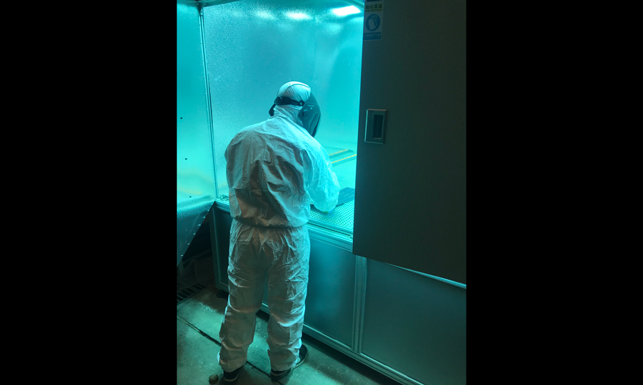 紫外輻照箱輻射強烈，對人體特別是人眼傷害極大，需要穿戴全身防護服和頭盔進行保護。胡曉楊正在查看輻照產品的狀態。（作者：丁佐鑫）